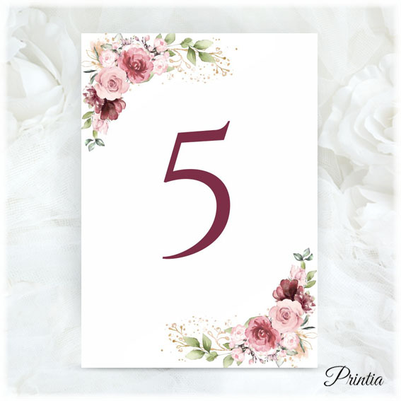 Wedding table numbers with flowers and golden elements